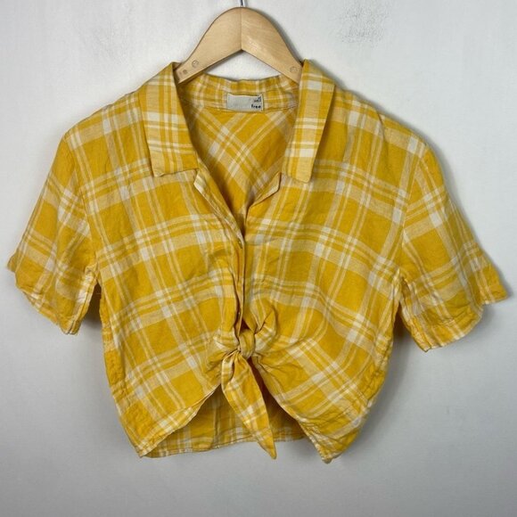 Aritzia Linen Wilfred Free Yellow Plaid Tie Front Short Sleeve Button Down Top - Picture 10 of 10